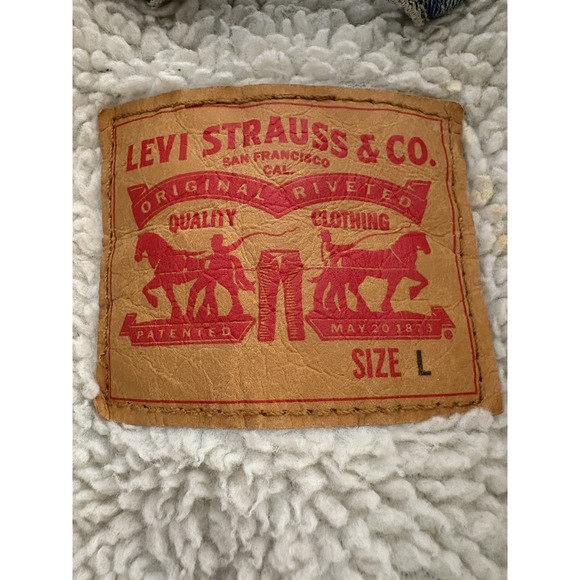 Levi's Men's Denim Jacket L Sherpa Lined Snap Front Collared Blue‎ Trucker EUC - Picture 5 of 8